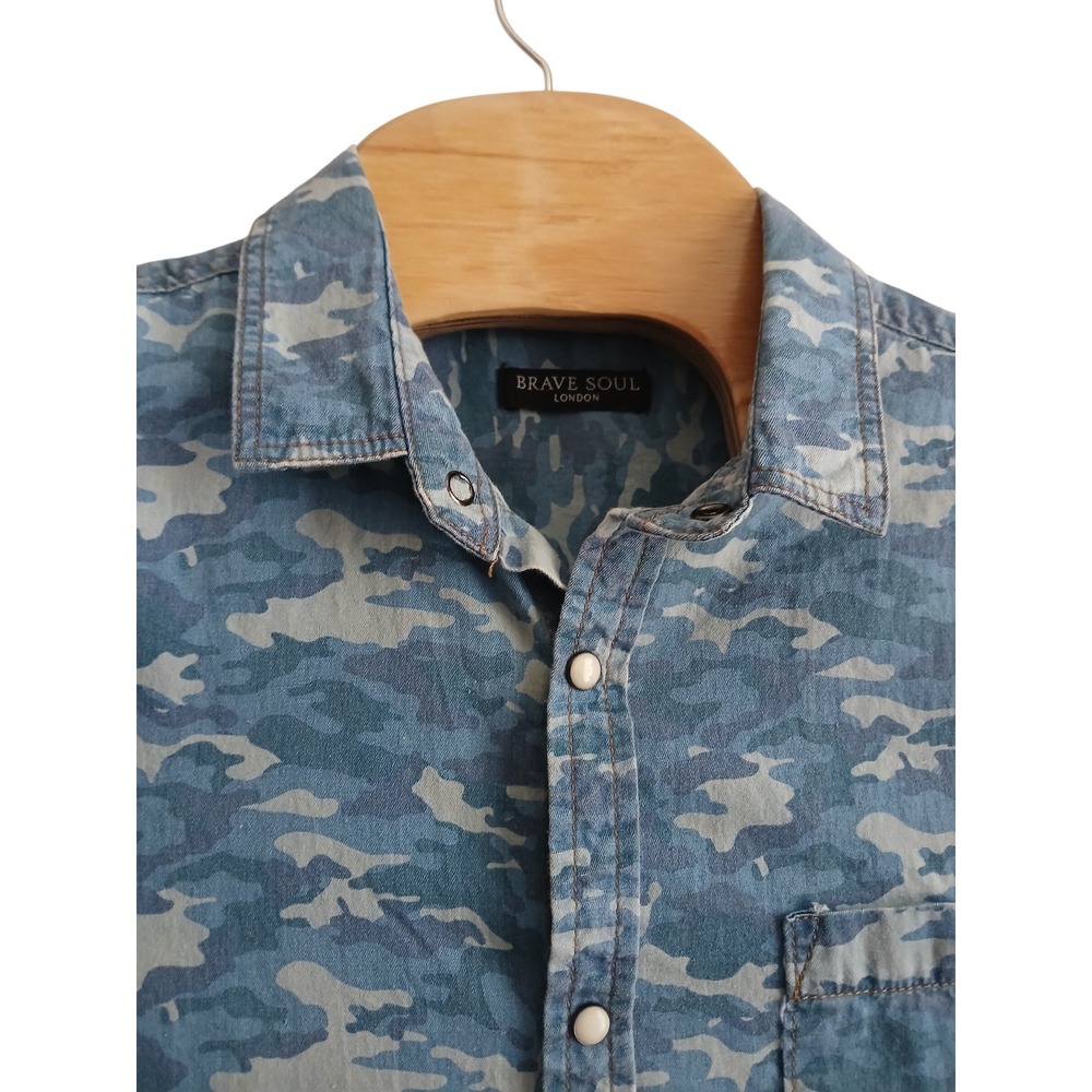 Brave Soul Blue Camo Casual Pearlsnap Button Mens Shirt Medium